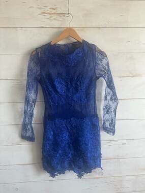 Akira Chicago Black Label Blue Floral Lace Long Sleeve Mini Dress Size S